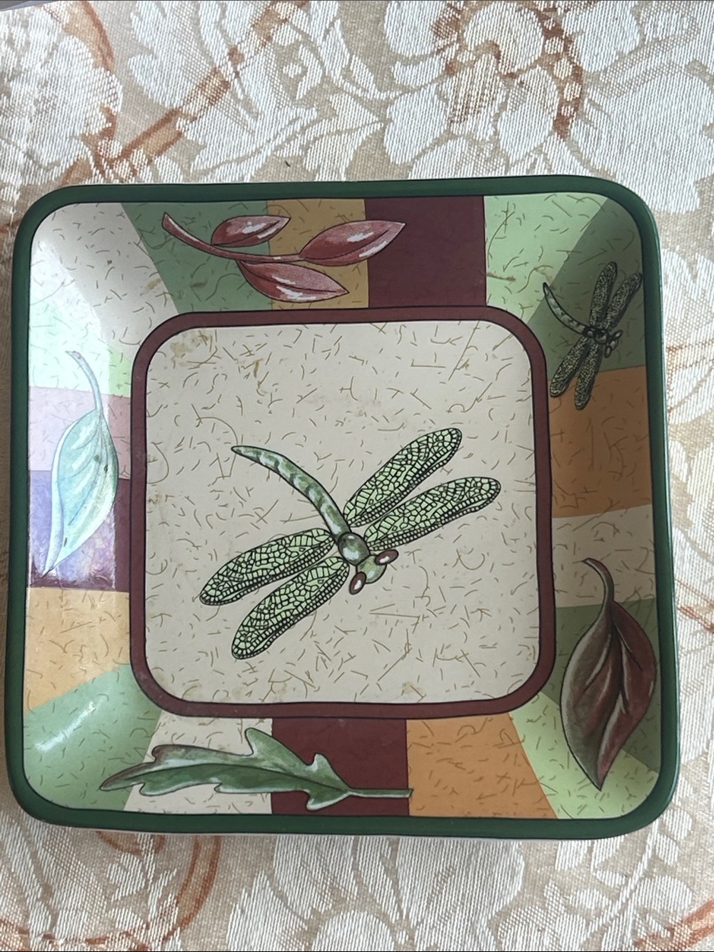 PartyLite Square Serving Plate with Dragonfly and Earth Tones